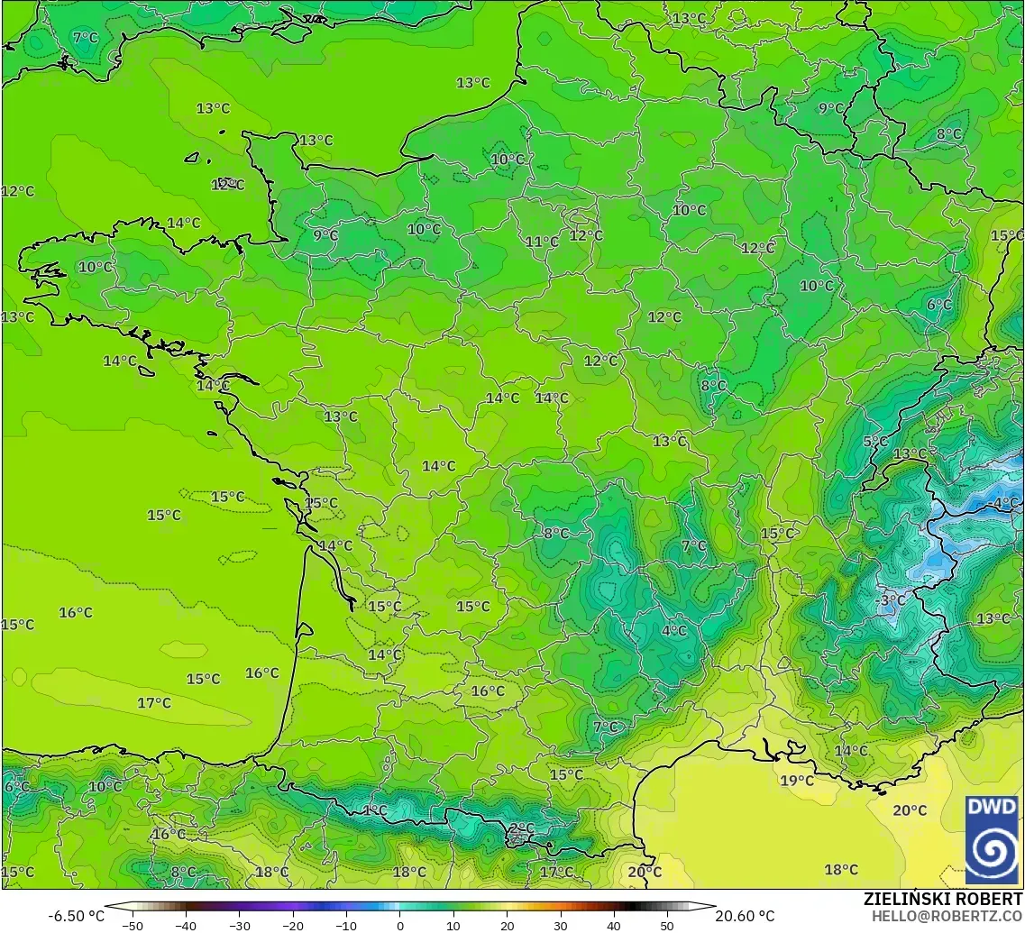 ICON model - France, Temperature at 2m