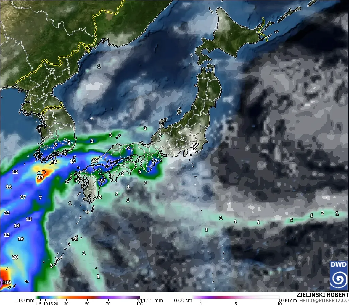 ICON model - Japan, Precipitation, Clouds, and Pressure