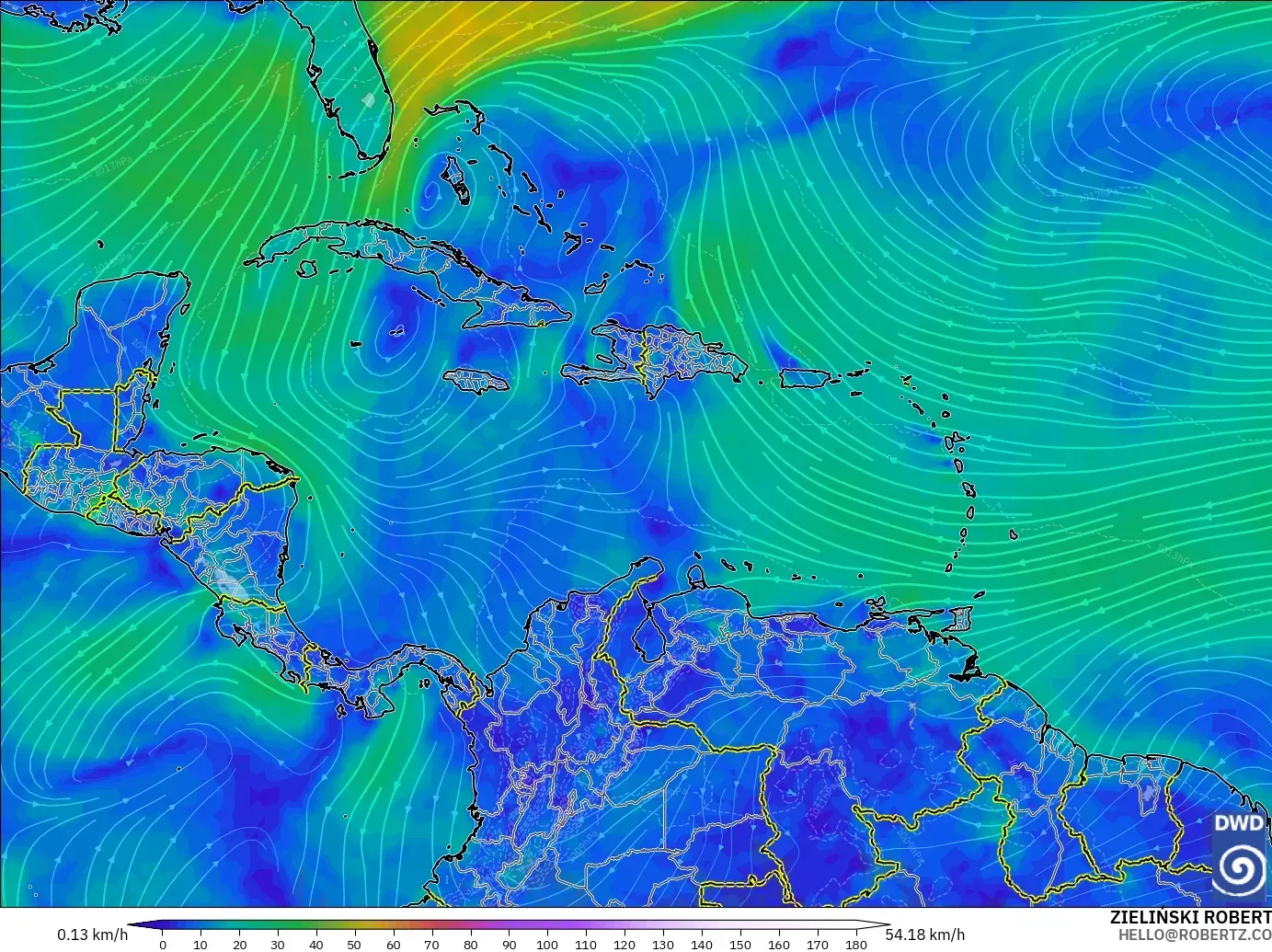 ICON model - Caribbean, Wind at 10m