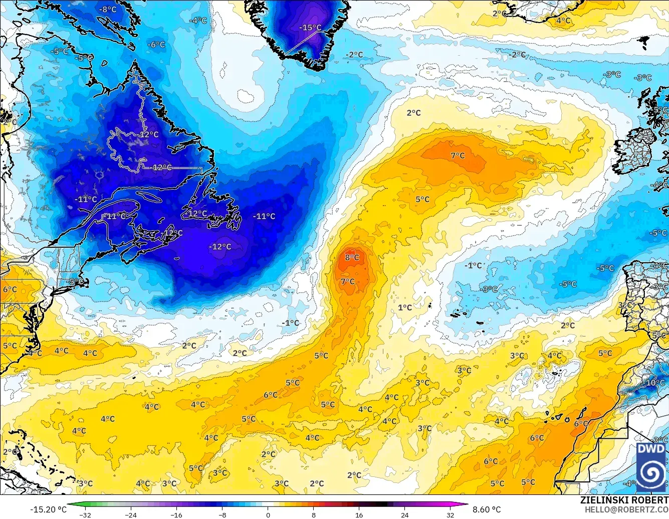 ICON model - North Atlantic, Temperature at 850hPa Anomaly