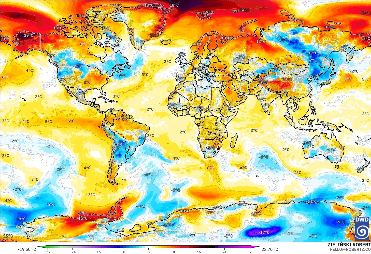ICON model - World, Temperature at 2m Anomaly