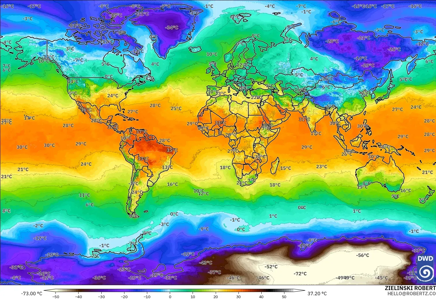 ICON model - World, Temperature at 2m
