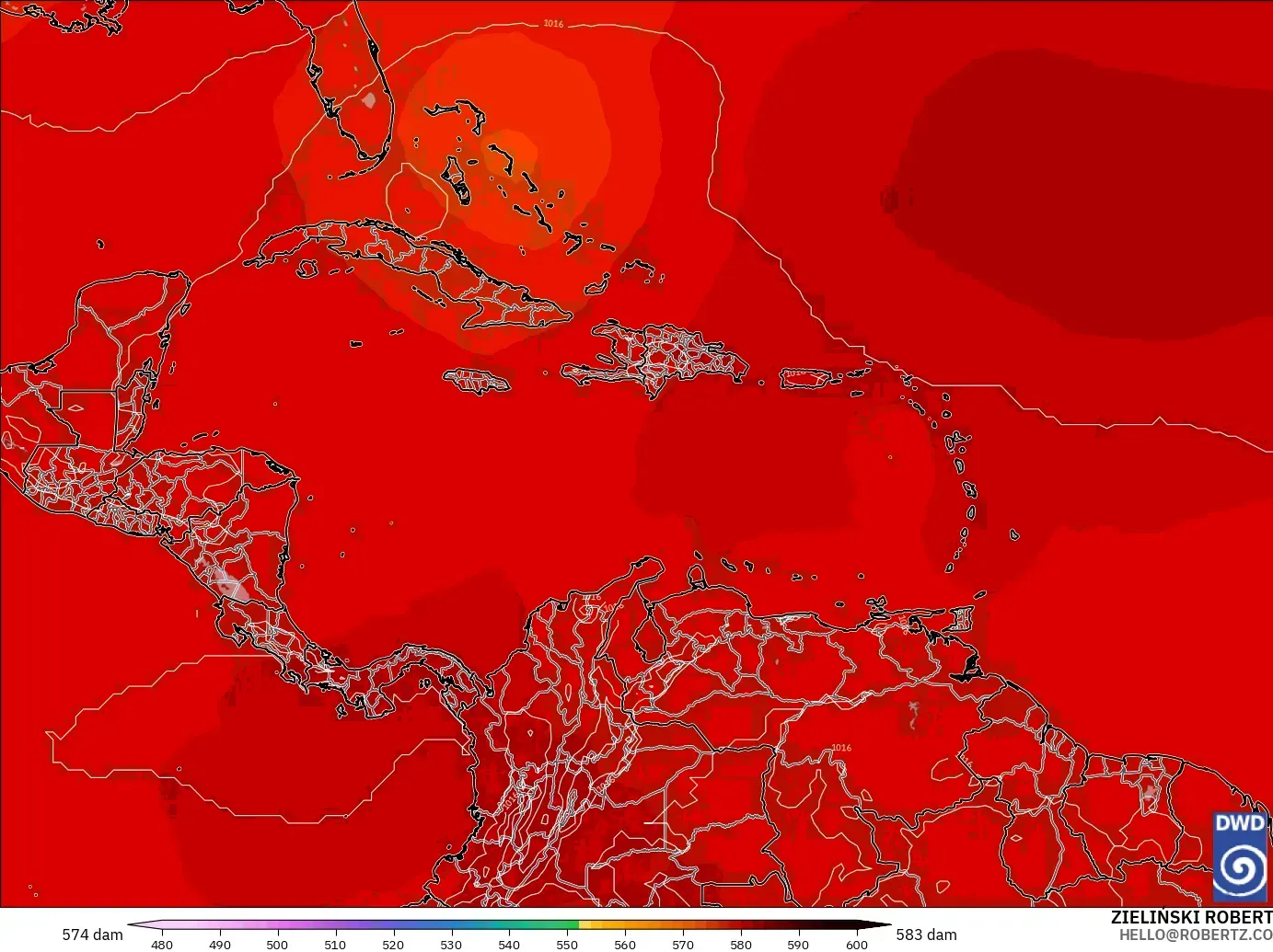 ICON model - Caribbean, Geopotential height at 500hPa