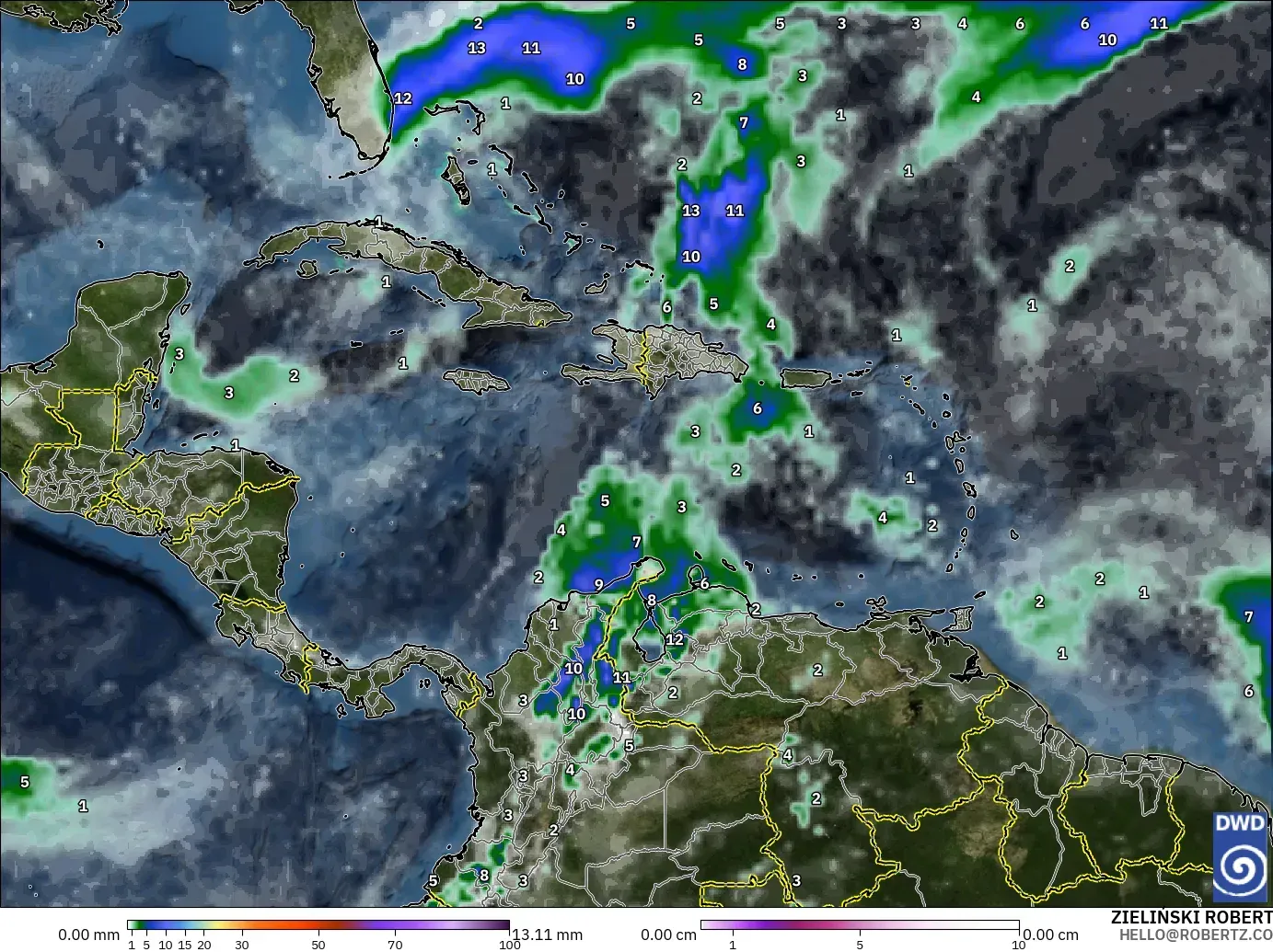 ICON model - Caribbean, Precipitation, Clouds, and Pressure