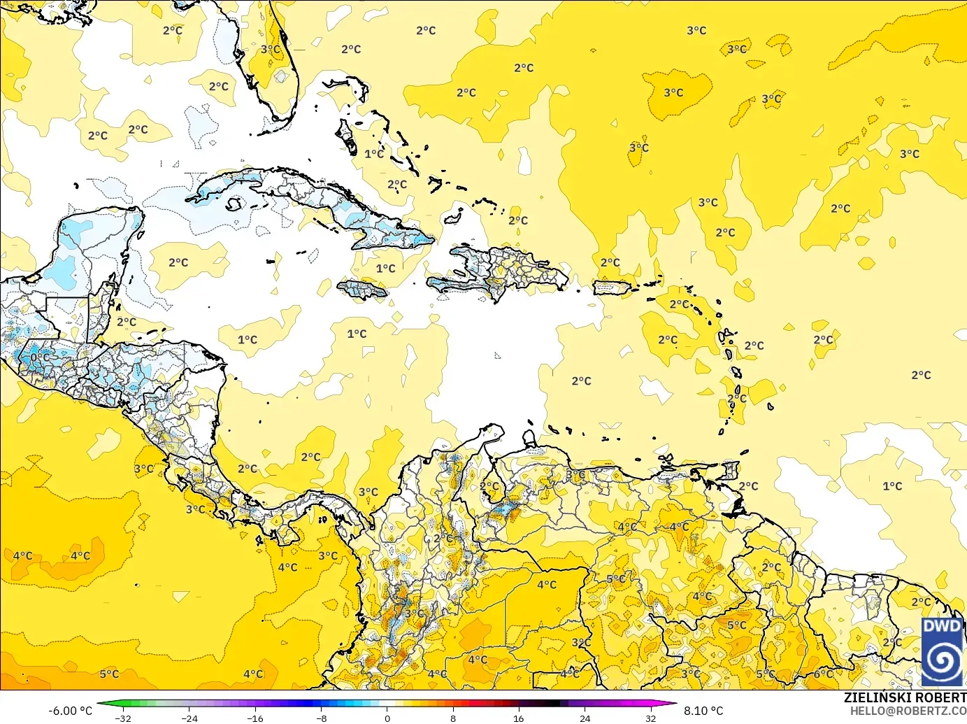 ICON model - Caribbean, Temperature at 2m Anomaly