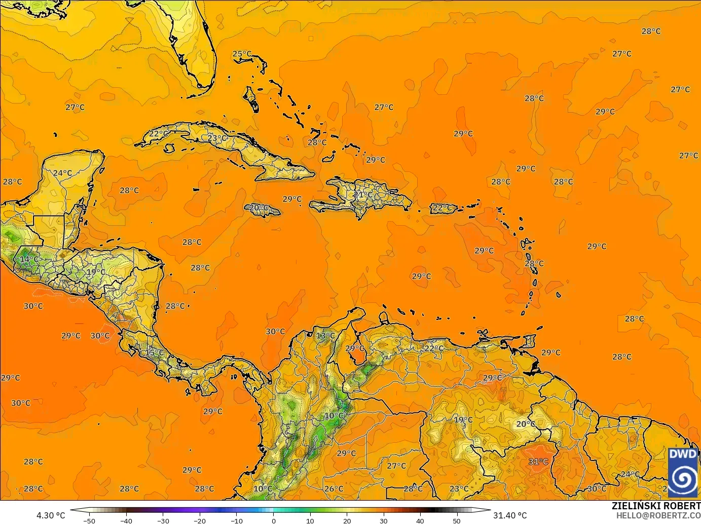 ICON model - Caribbean, Temperature at 2m