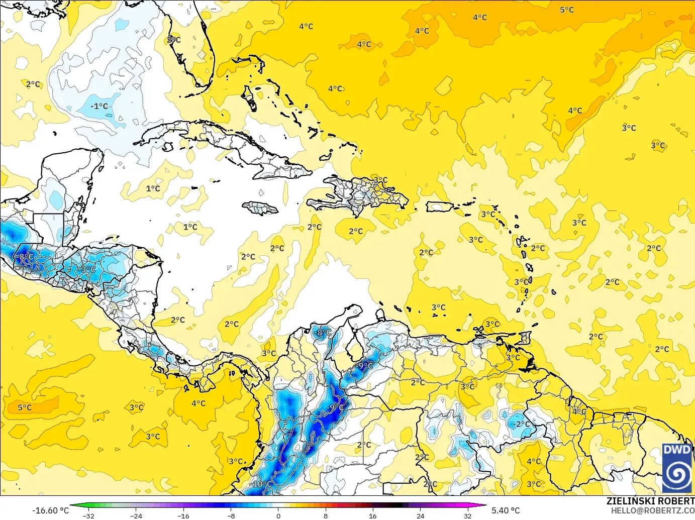ICON model - Caribbean, Temperature at 850hPa Anomaly