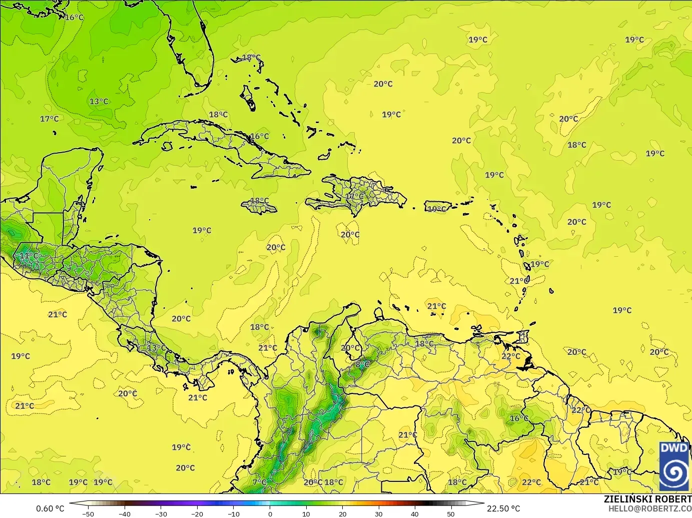 ICON model - Caribbean, Temperature at 850hPa