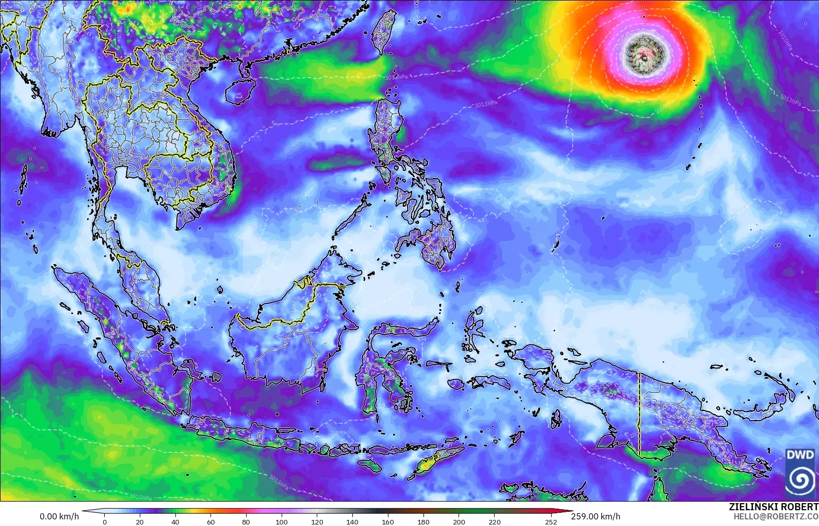 Hembusan angin hingga 135 km/jam, dengan inti sekelas topan (≥ 118 km/jam) di timur laut Indonesia, Minggu 1 November 2026. Model ICON