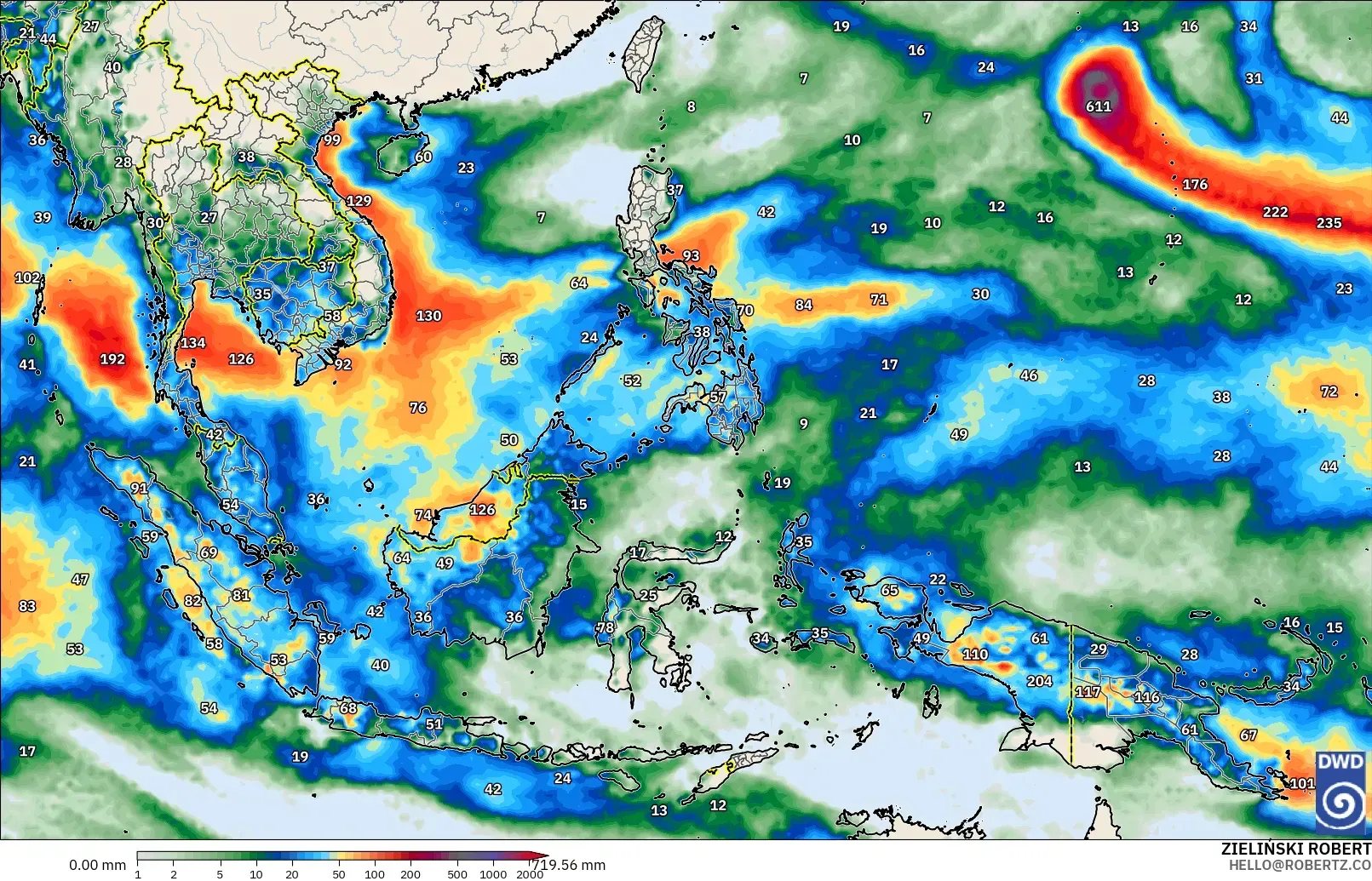 Hujan hingga 337 mm selama 4,3 hari di timur laut Indonesia, Minggu 1 November 2026. Model ICON