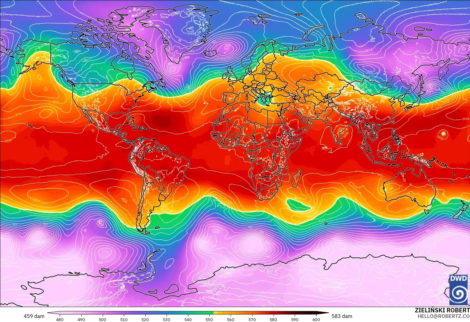 ICON model - World, Geopotential height at 500hPa