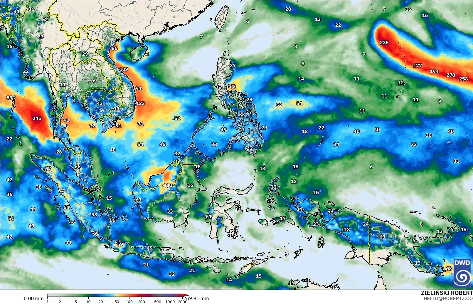 Hujan hingga 155 mm selama 3 hari di utara Indonesia, Sabtu 31 Oktober 2026. Model ICON