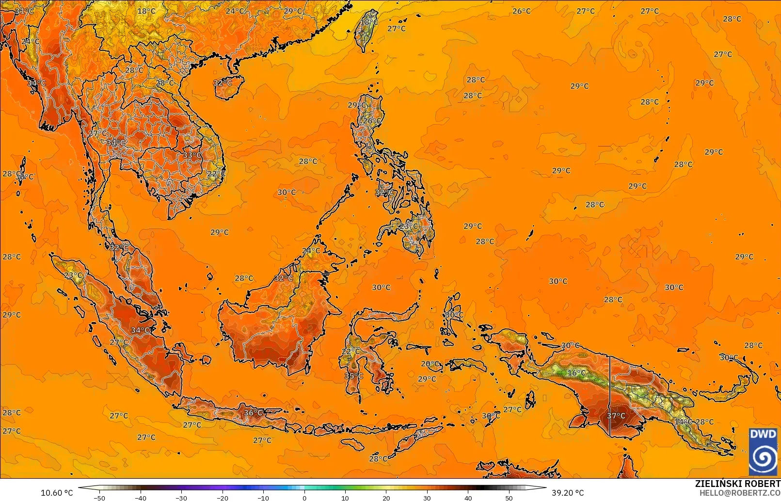 Suhu hingga 34 °C di seluruh Indonesia, Sabtu 31 Oktober 2026. Model ICON