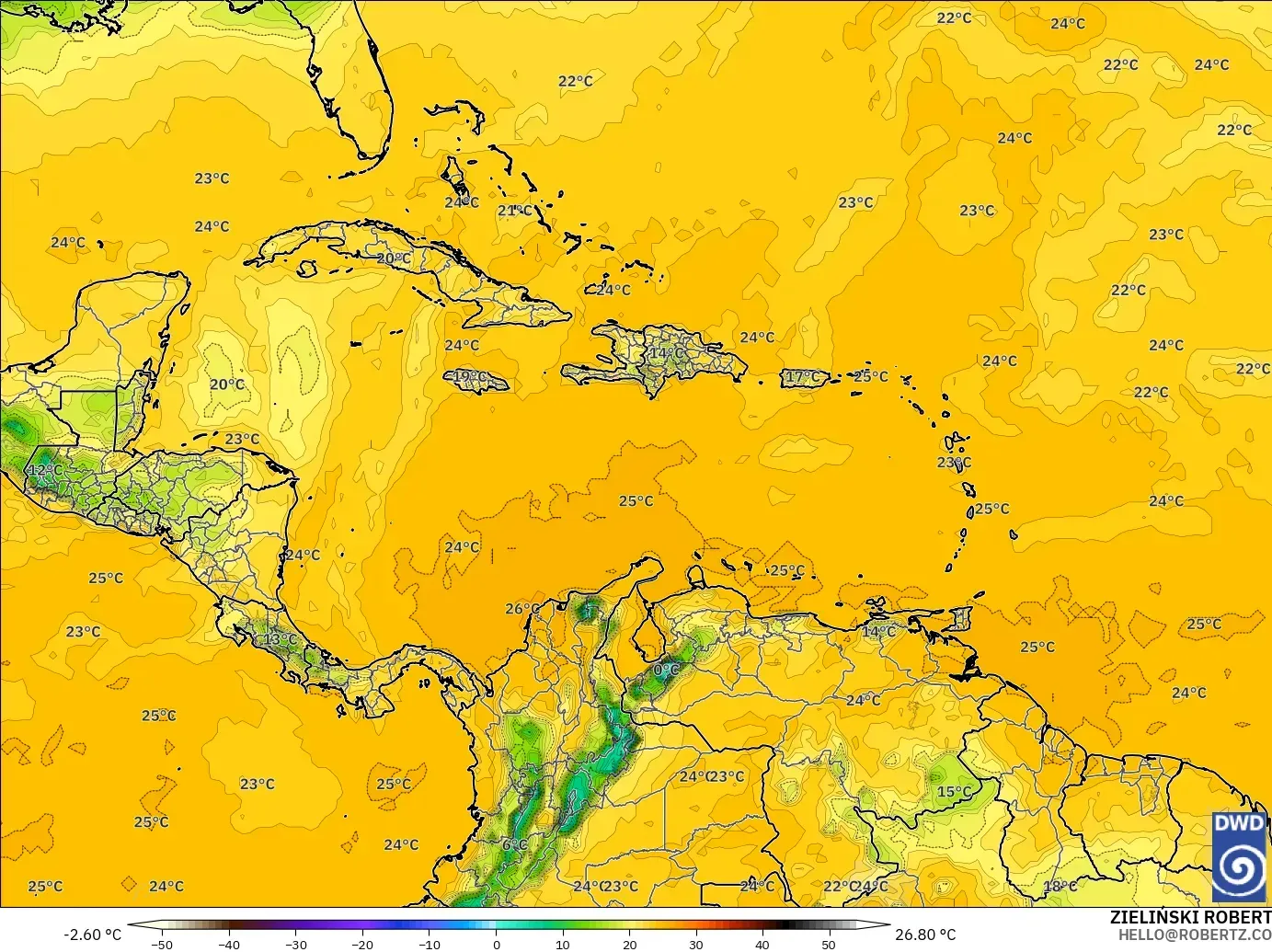 ICON model - Caribbean, Dewpoint at 2m