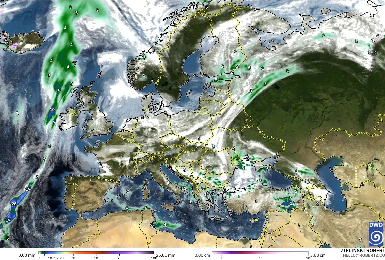 ICON model - Europe, Precipitation, Clouds, and Pressure