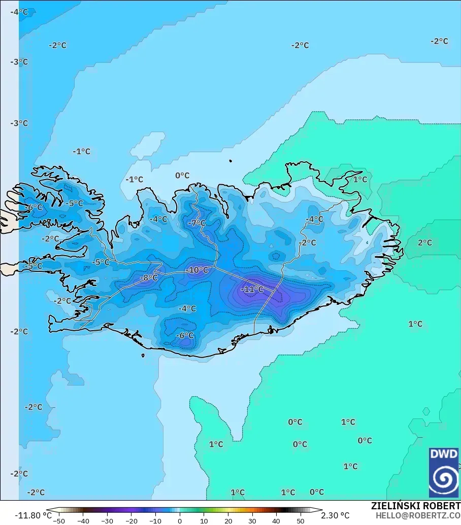 ICON model - Iceland, Temperature at 850hPa