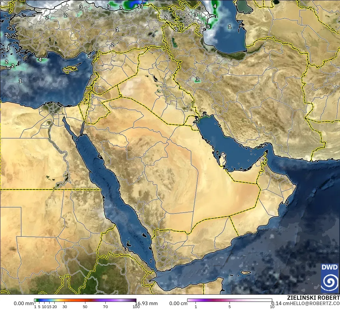 ICON model - Middle East, Precipitation, Clouds, and Pressure