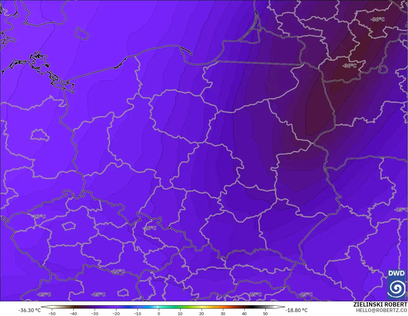 ICON model - Poland, Temperature at 500hPa