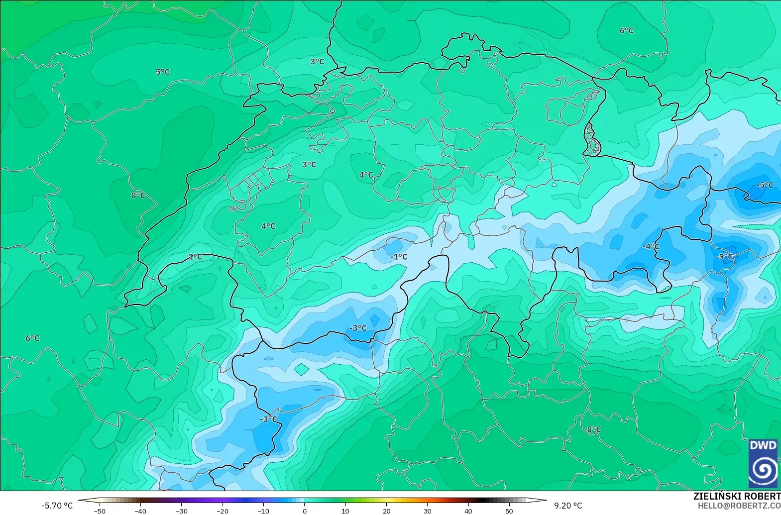ICON model - Switzerland, Temperature at 850hPa
