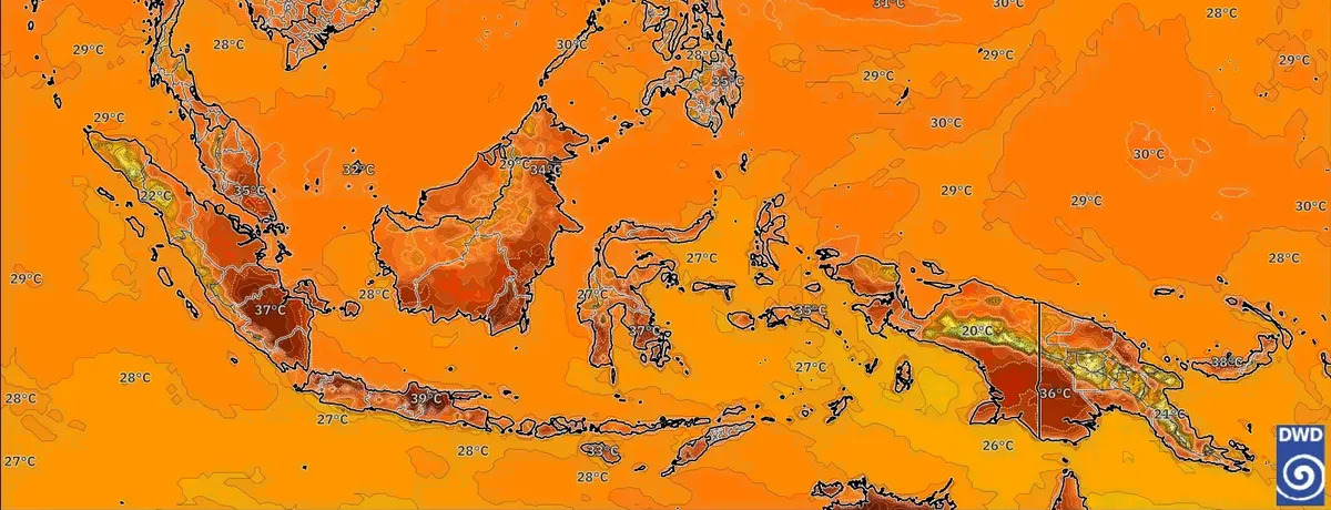 Suhu maksimum mencapai 38 °C pekan ini. Hujan lebat turun di wilayah utara. Banjir lokal mungkin menyusul.