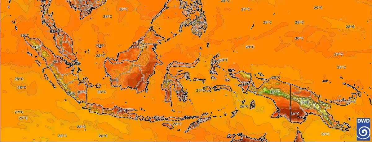 Suhu mencapai 35 °C di wilayah ini. Hujan deras mengikuti pekan ini. Waspada banjir lokal.